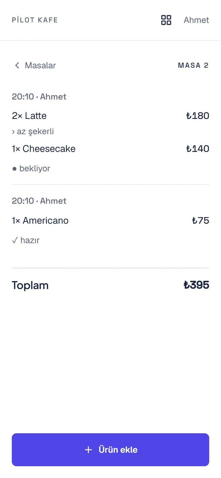 Sectoriva Menü adisyon ekranı